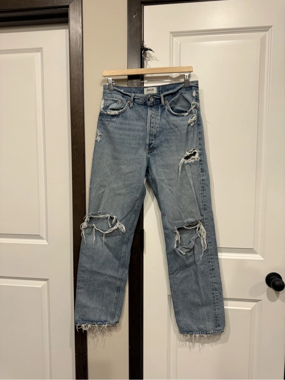 Agolde Light Blue Distressed Straight Jeans - Picture 1 of 3